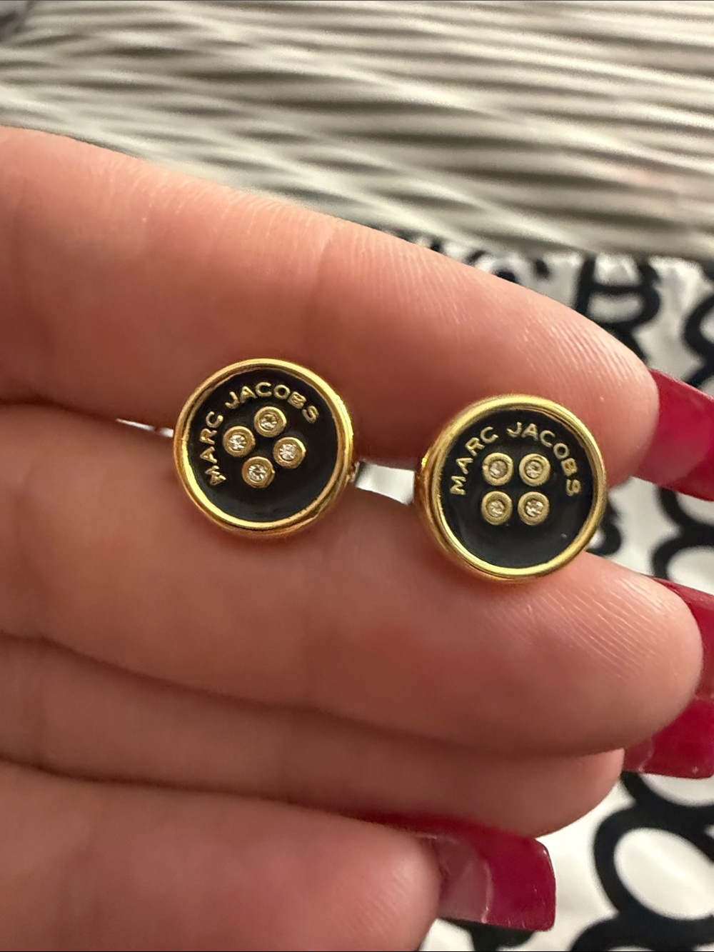 Marc Jacobs Black and Gold Button Stud Earrings with Crystal Accents